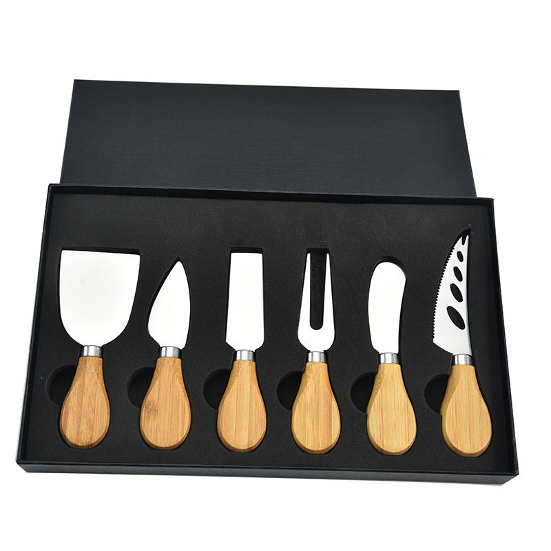 6-piece stainless steel cheese cutter set with ergonomic handles, designed for slicing different types of cheese. Custom logo printing available, perfect for gifting or personal use.