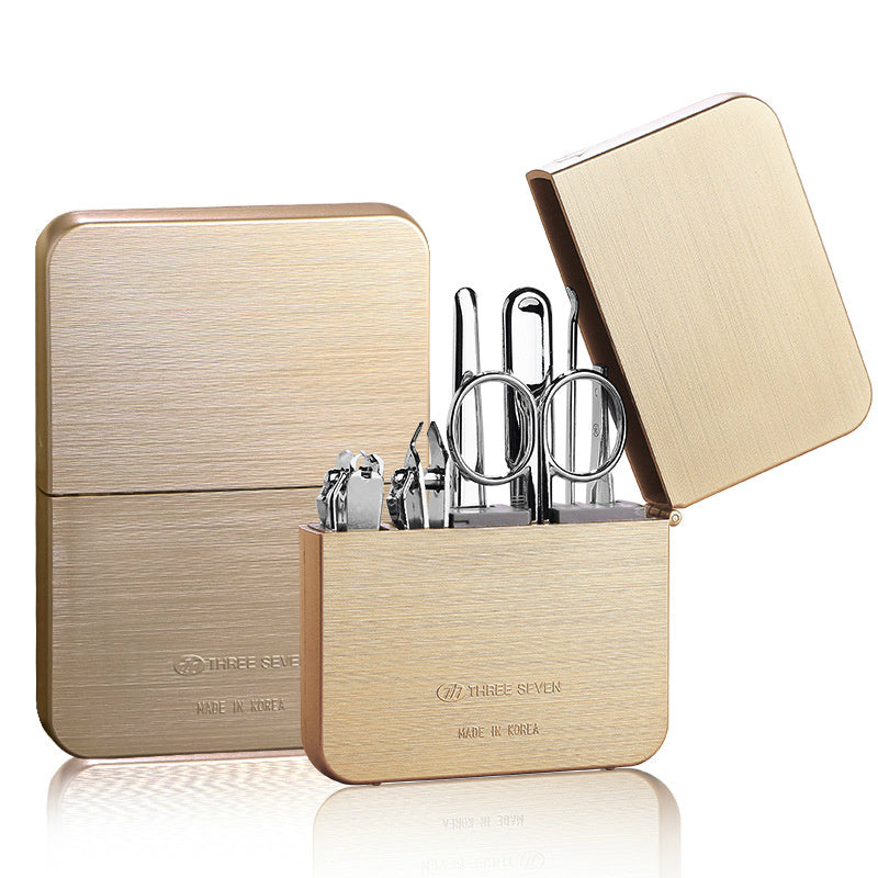 Nail clippers set made of carbon steel, including a diagonal cut clipper, flat cut clipper, dead skin shovel, nail file, eyebrow clip, ear pick, and eyebrow scissors for complete grooming.