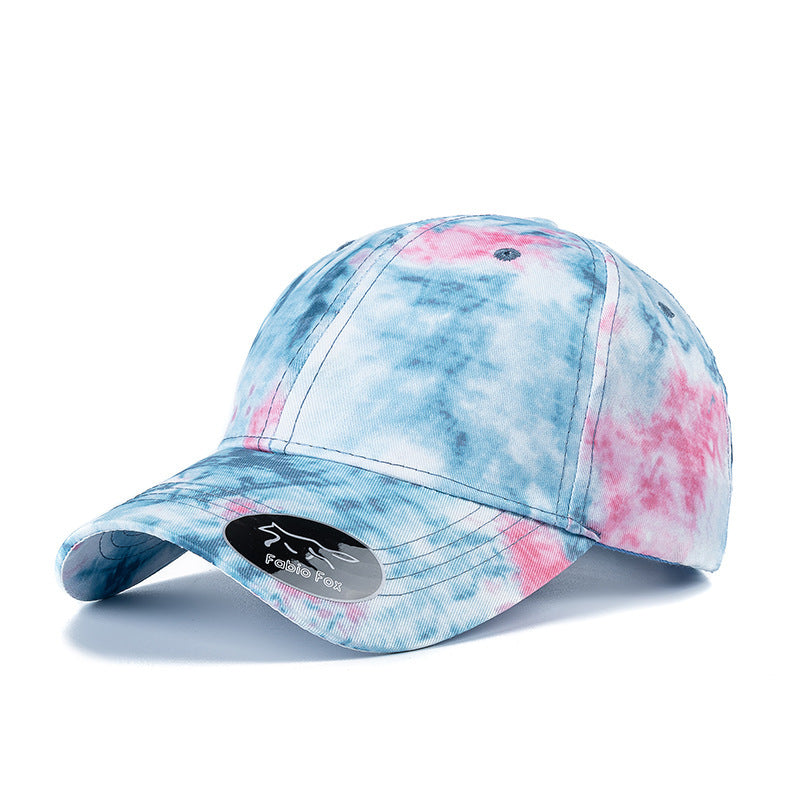 Gradient colorful tie-dye baseball cap with flower pattern, designed for sun protection and ventilation, made from soft cotton material, suitable for all seasons