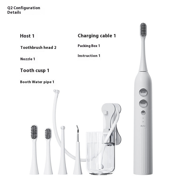 Three-in-one waterproof smart electric toothbrush and oral irrigator in multiple colors (Q1 White, Q1 Black, Q2 White, Q2 Pink), featuring a rechargeable power type, magnetic suspension motor, and over 5 gear settings for customizable cleaning.