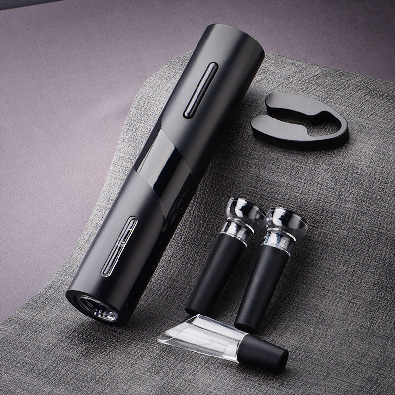 Five-in-One Electric Bottle Opener Set featuring a decanter, paper cutter, pull-out vacuum plug, USB cable, and storage box, all made with durable ABS plastic. A sleek, modern design ideal for various gift-giving occasions.