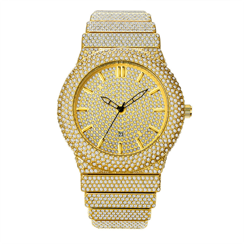 Exude elegance and sophistication with the Luxury Diamond-Embedded Men's Quartz Watch, a statement timepiece designed for the modern man who appreciates style and precision. Adorned with sparkling diamonds and featuring a color calendar, this watch is the perfect blend of luxury and functionality.