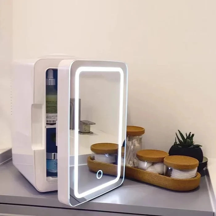 "Refrigerator for Beauty and Skincare Products β A compact, stylish mini fridge made of ABS food-grade plastic with built-in LED lights for easy access. Perfect for storing skincare and beauty products at the ideal temperature. Includes a cigarette lighter line, voltage line, and instruction manual."