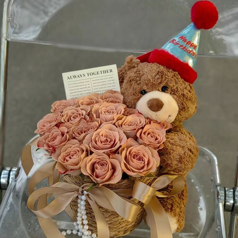 Stuffed Bear with Bouquet – Adorable teddy bear with preserved fresh flowers, LED lights, and a greeting card. Perfect gift for any occasion like birthdays or anniversaries.