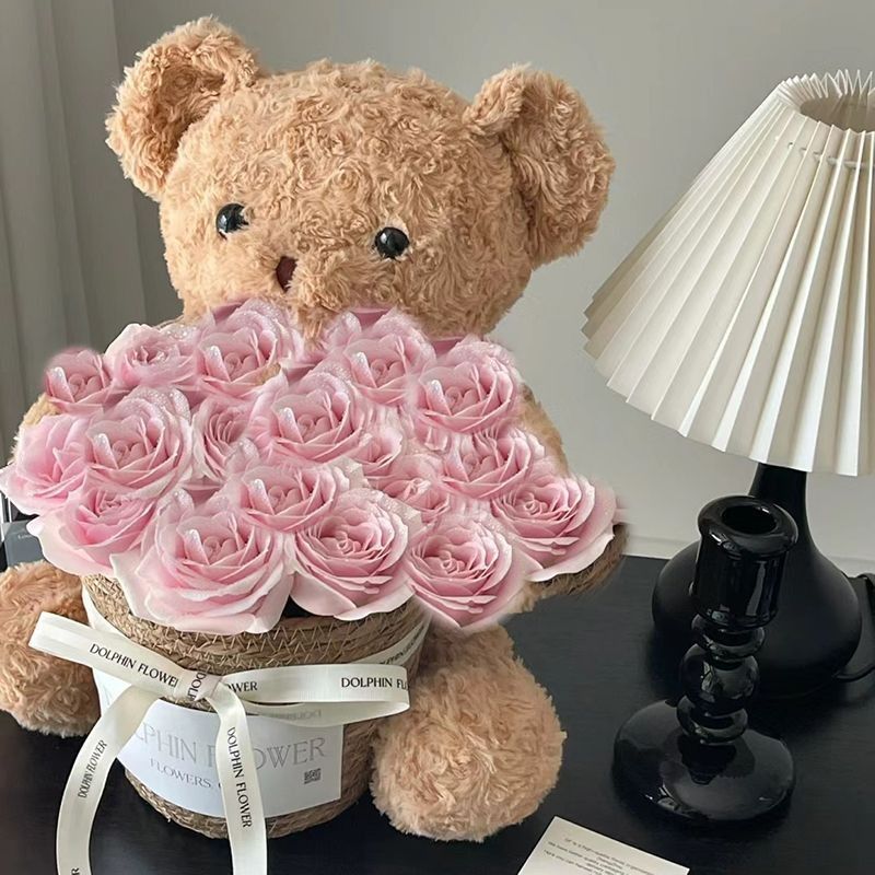 Stuffed Bear with Bouquet – Adorable teddy bear with preserved fresh flowers, LED lights, and a greeting card. Perfect gift for any occasion like birthdays or anniversaries.