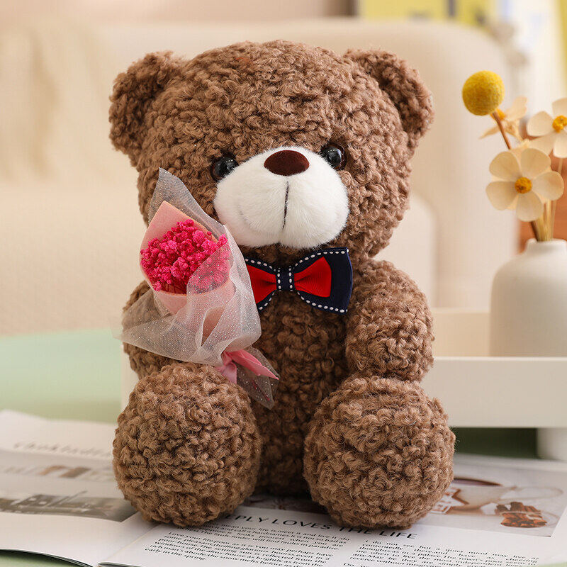 Rose Bear Doll in pink, dark green, light brown, and dark brown, crafted from teddy velvet fabric with a high elastic cotton filling, measuring 25cm