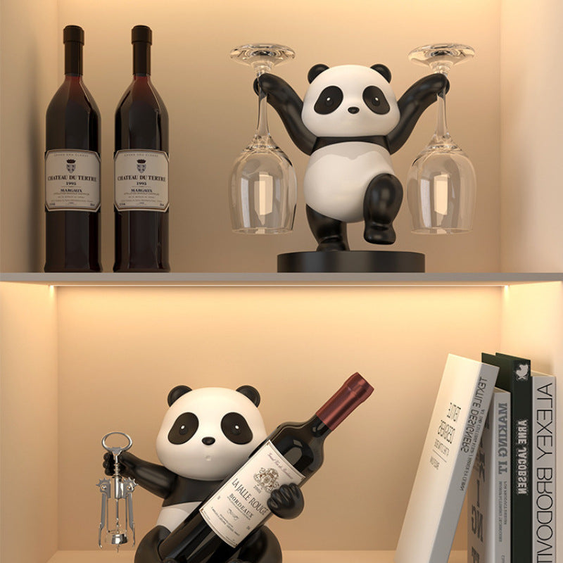 "Panda Wine Decoration β A handmade synthetic resin wine rack featuring whimsical panda designs, including bamboo panda, fortune panda, and treasure hunting panda. A fun and functional addition to your home decor, perfect for wine lovers and unique gift-giving occasions."
