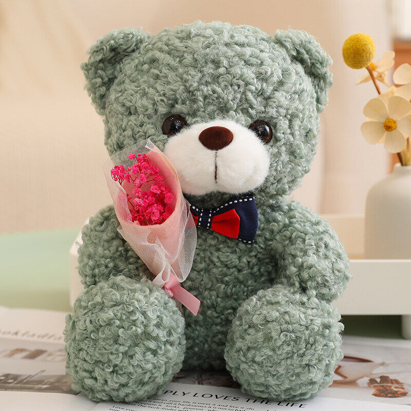 Rose Bear Doll in pink, dark green, light brown, and dark brown, crafted from teddy velvet fabric with a high elastic cotton filling, measuring 25cm