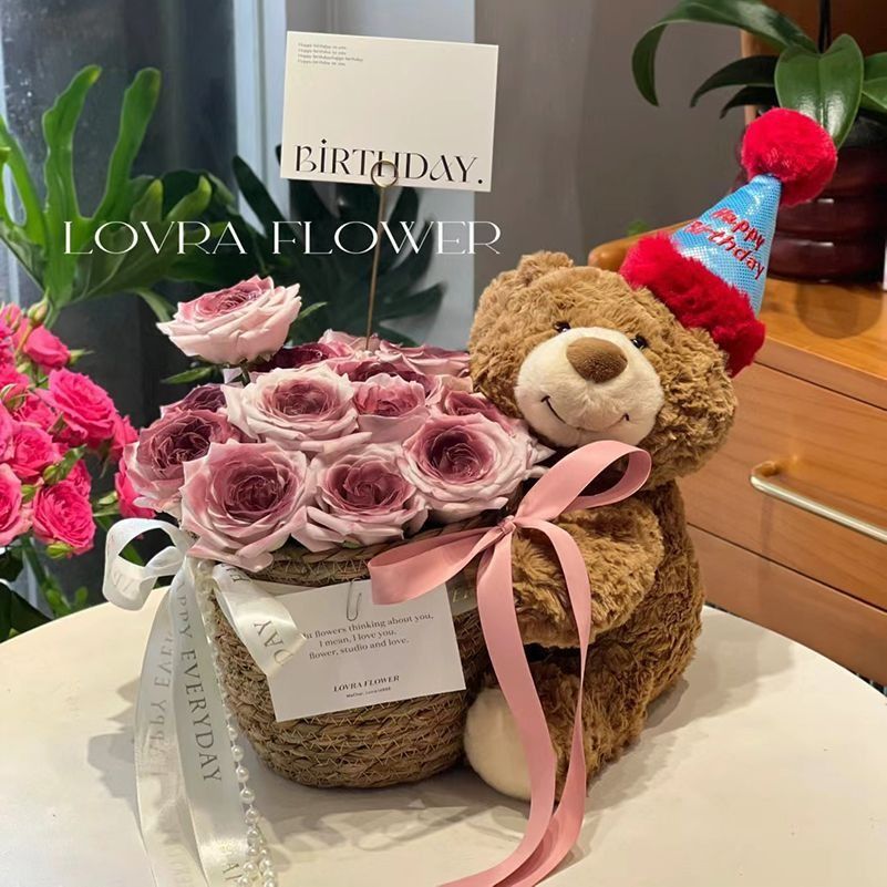 Stuffed Bear with Bouquet – Adorable teddy bear with preserved fresh flowers, LED lights, and a greeting card. Perfect gift for any occasion like birthdays or anniversaries.