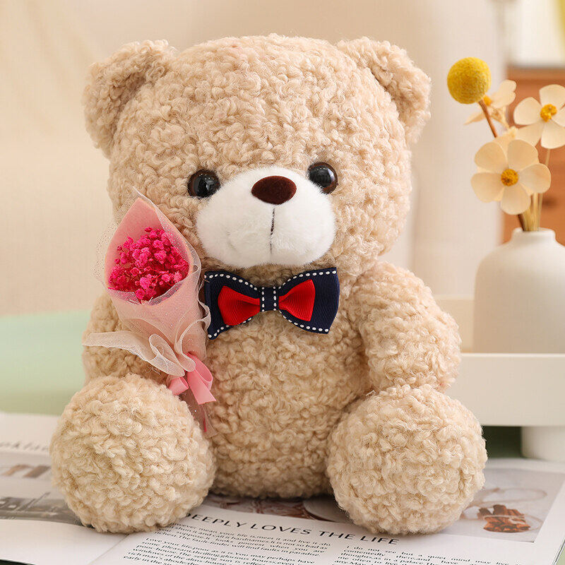Rose Bear Doll in pink, dark green, light brown, and dark brown, crafted from teddy velvet fabric with a high elastic cotton filling, measuring 25cm