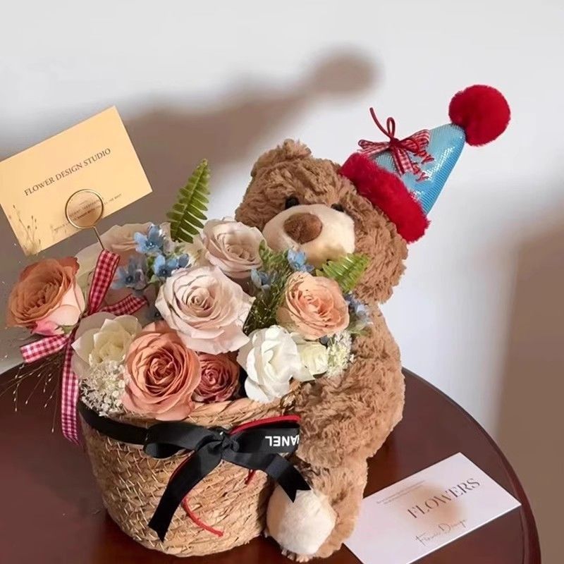 Stuffed Bear with Bouquet – Adorable teddy bear with preserved fresh flowers, LED lights, and a greeting card. Perfect gift for any occasion like birthdays or anniversaries.
