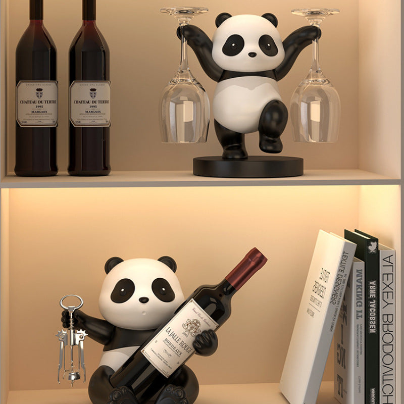 "Panda Wine Decoration β A handmade synthetic resin wine rack featuring whimsical panda designs, including bamboo panda, fortune panda, and treasure hunting panda. A fun and functional addition to your home decor, perfect for wine lovers and unique gift-giving occasions."