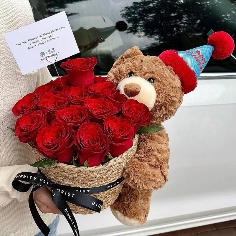 Stuffed Bear with Bouquet – Adorable teddy bear with preserved fresh flowers, LED lights, and a greeting card. Perfect gift for any occasion like birthdays or anniversaries.