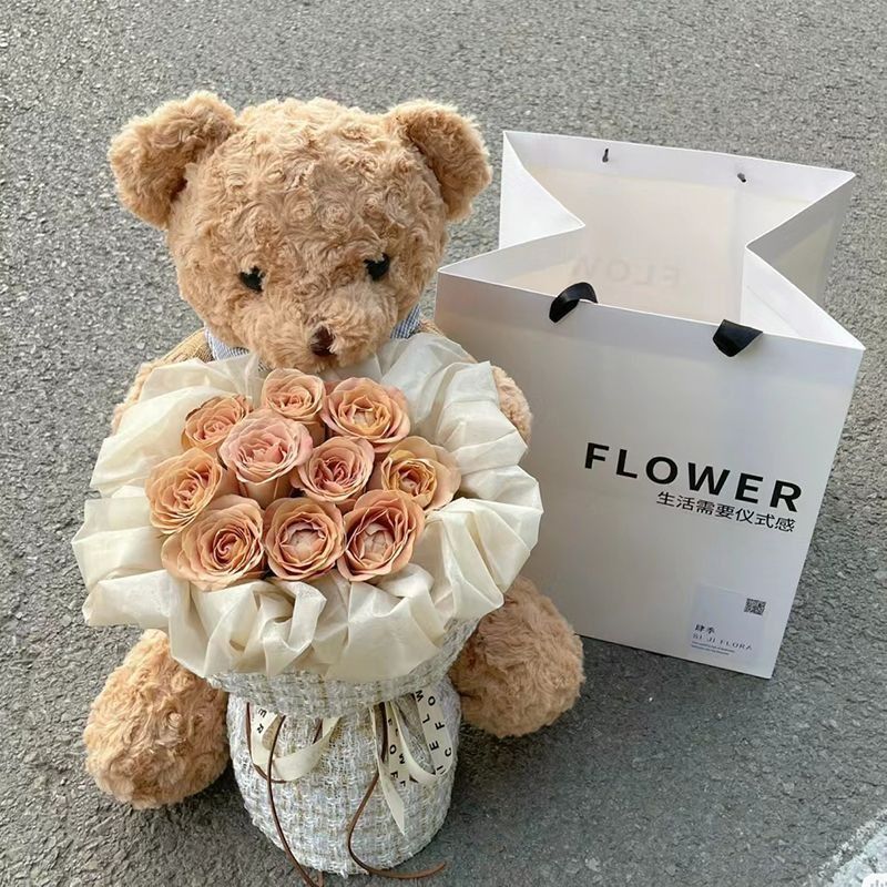 Stuffed Bear with Bouquet – Adorable teddy bear with preserved fresh flowers, LED lights, and a greeting card. Perfect gift for any occasion like birthdays or anniversaries.