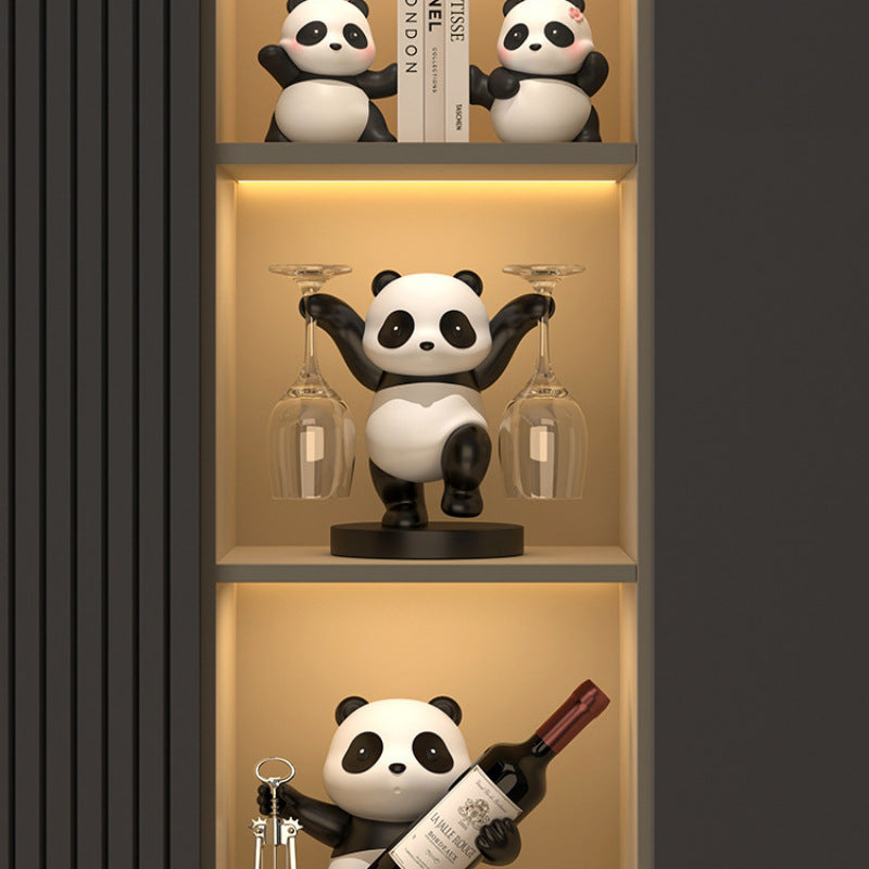 "Panda Wine Decoration β A handmade synthetic resin wine rack featuring whimsical panda designs, including bamboo panda, fortune panda, and treasure hunting panda. A fun and functional addition to your home decor, perfect for wine lovers and unique gift-giving occasions."