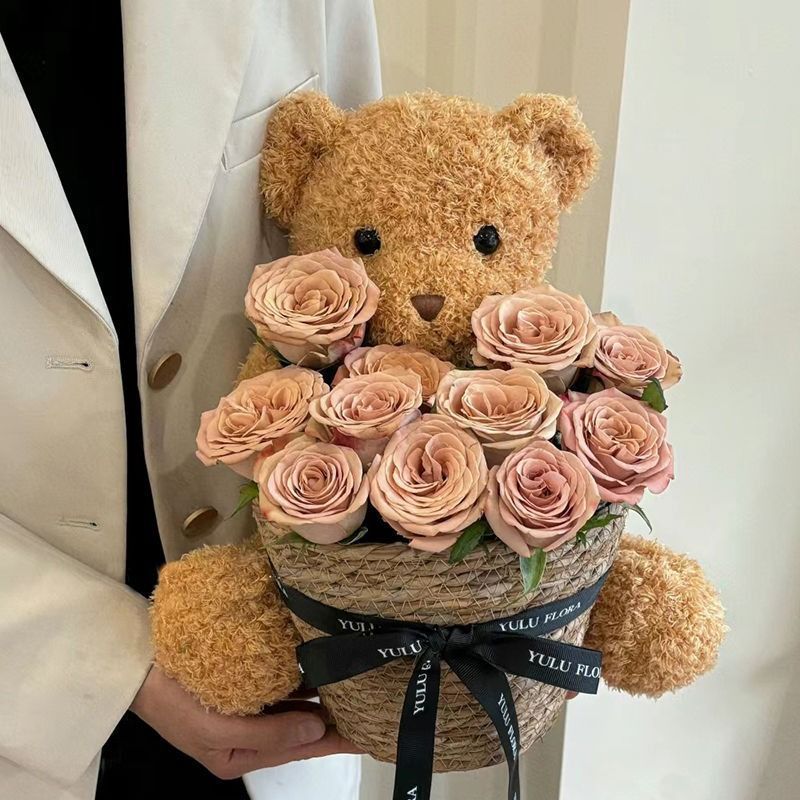 Stuffed Bear with Bouquet – Adorable teddy bear with preserved fresh flowers, LED lights, and a greeting card. Perfect gift for any occasion like birthdays or anniversaries.