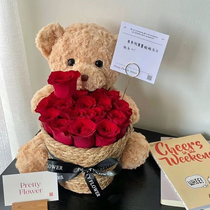 Stuffed Bear with Bouquet – Adorable teddy bear with preserved fresh flowers, LED lights, and a greeting card. Perfect gift for any occasion like birthdays or anniversaries.