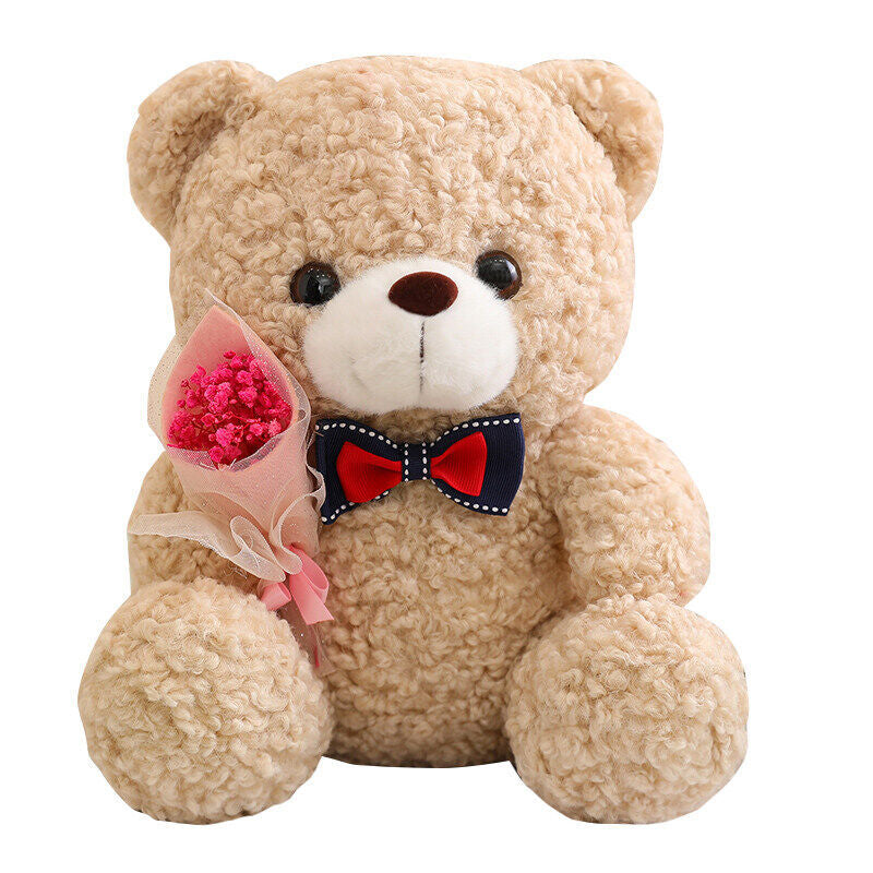 Rose Bear Doll in pink, dark green, light brown, and dark brown, crafted from teddy velvet fabric with a high elastic cotton filling, measuring 25cm