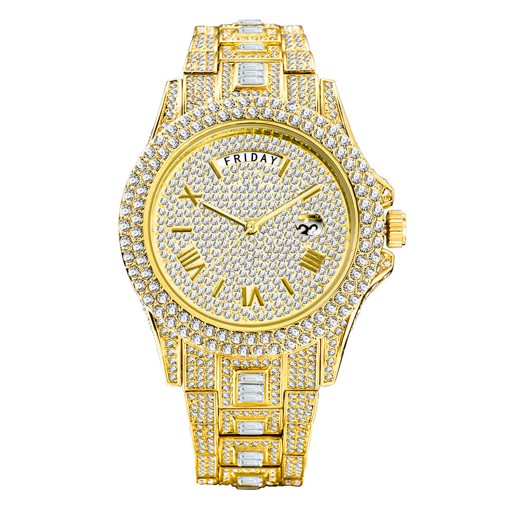 Elevate your style with the Men's Full Diamond Luxury Quartz Watch, a masterpiece that blends luxury and functionality in a timeless design. Crafted for the modern man, this watch not only offers precise timekeeping but also features a calendar edition, making it as practical as it is stylish.