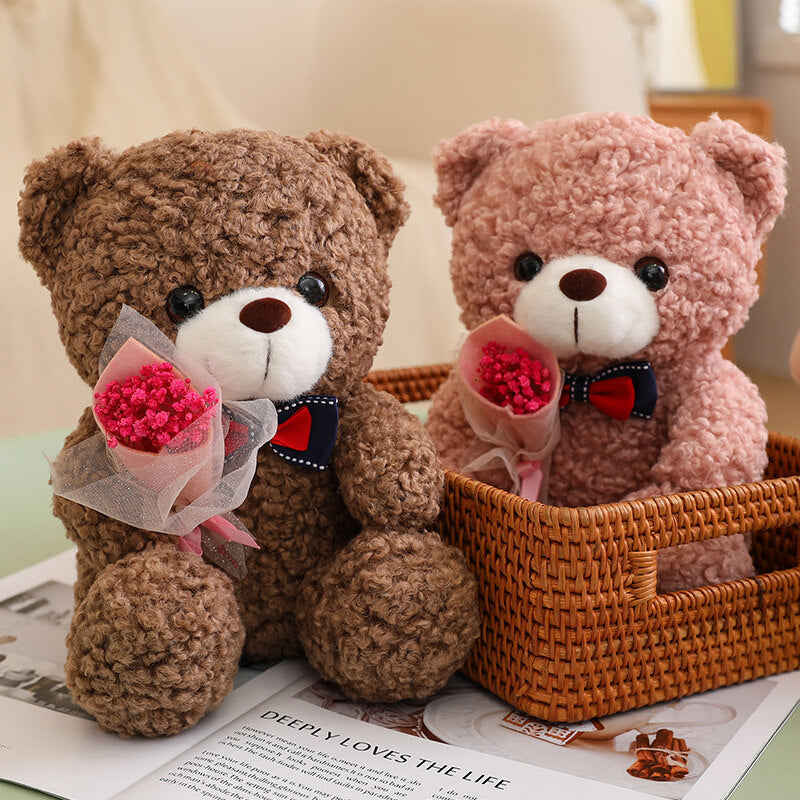 Rose Bear Doll in pink, dark green, light brown, and dark brown, crafted from teddy velvet fabric with a high elastic cotton filling, measuring 25cm