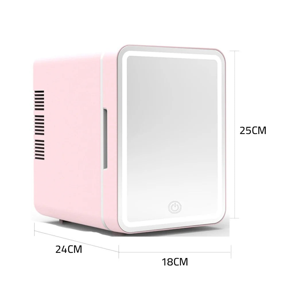 "Refrigerator for Beauty and Skincare Products β A compact, stylish mini fridge made of ABS food-grade plastic with built-in LED lights for easy access. Perfect for storing skincare and beauty products at the ideal temperature. Includes a cigarette lighter line, voltage line, and instruction manual."