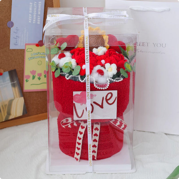 Creative knitted flower bouquet in various colors, perfect for gifting on special occasions like Valentine's Day, Mother's Day, and Teacher's Day, with lasting appeal.