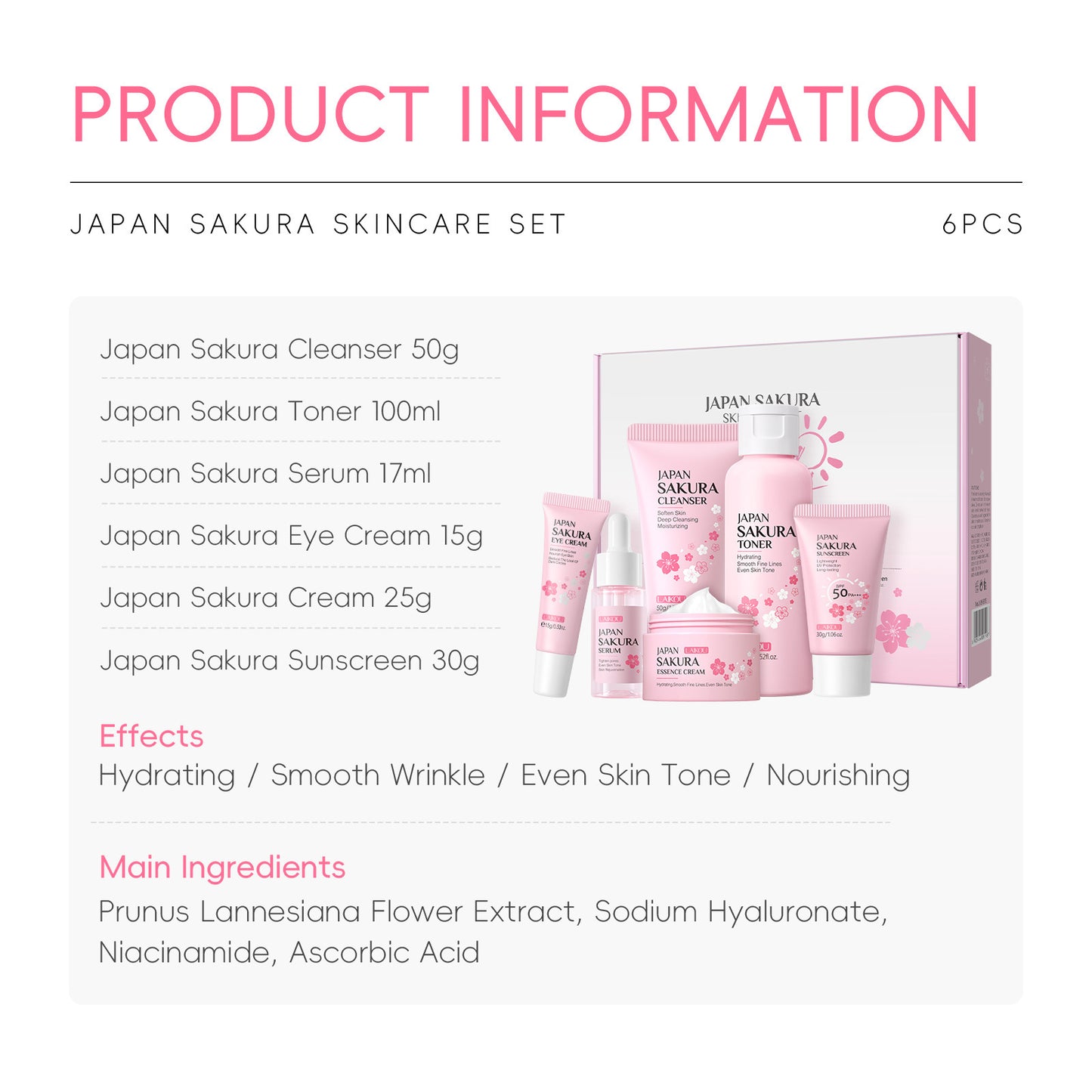 Indulge in the delicate touch of cherry blossoms with this luxurious 6-piece skincare setโspecially designed to cleanse, nourish, and rejuvenate your skin. Infused with the essence of cherry blossoms, this set delivers deep hydration, promotes a radiant glow, and leaves your skin feeling refreshed and silky smooth.
