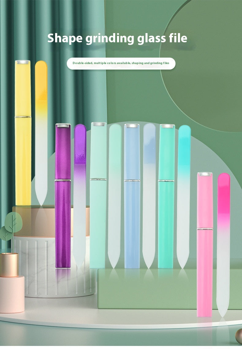 Nail file polishing manicure set made of plastic and nano glass, available in six colors (Pink, Blue, Cyan, Yellow, Purple, Green). Compact size (14 * 1.2 cm) with a thickness of 0.3mm, packaged in a convenient storage box for easy use and organization.