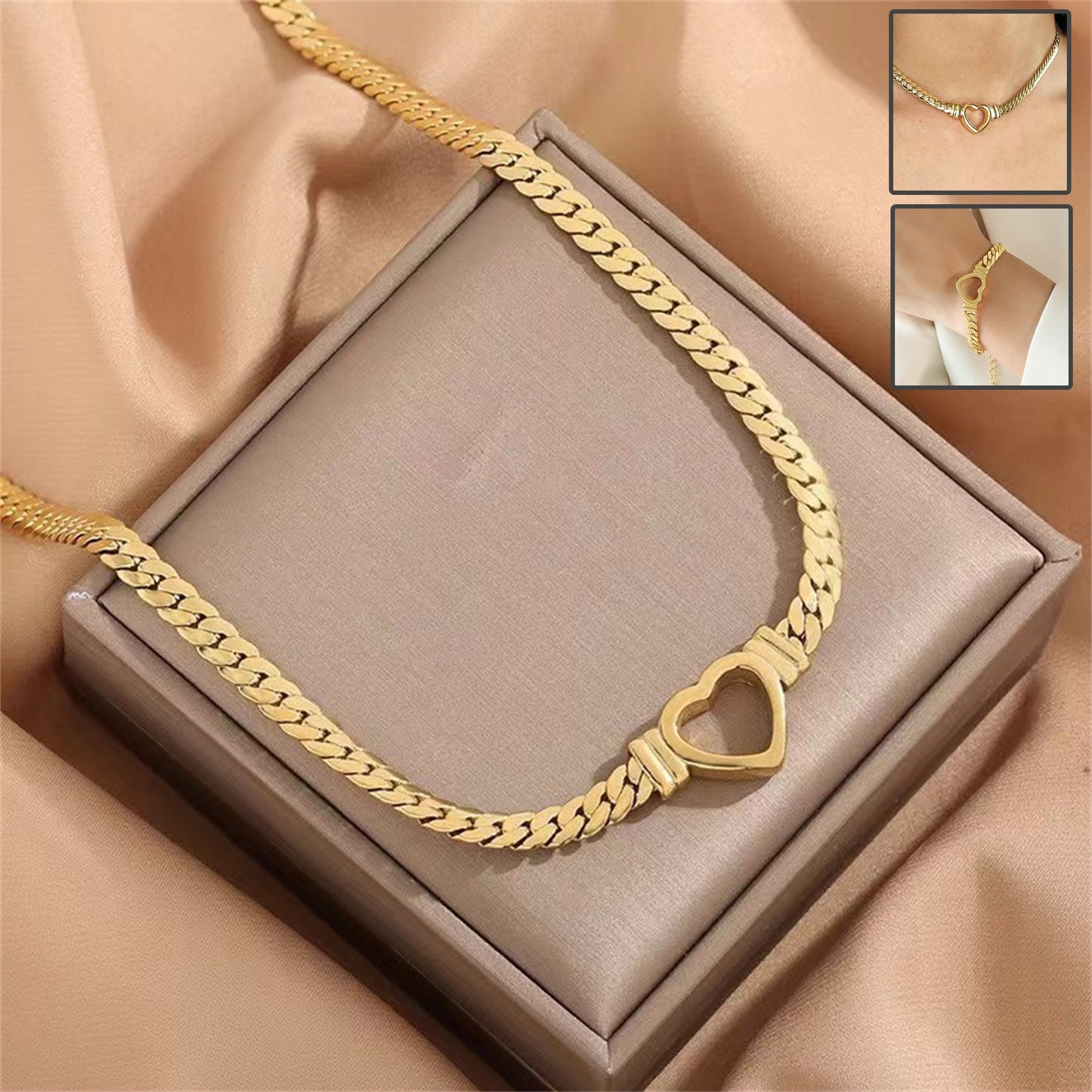 **Love Necklace & Bracelet** – Elegant **heart-shaped jewelry** with a sleek **Cuban chain**. Made from **stainless steel** with an **electroplated finish**, it's stylish, durable, and comfortable to wear. Perfect for any occasion or as a heartfelt gift. 💖