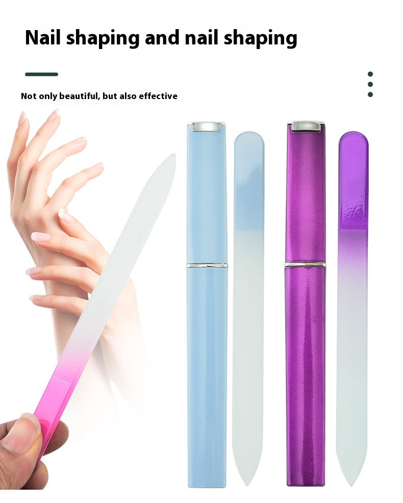 Nail file polishing manicure set made of plastic and nano glass, available in six colors (Pink, Blue, Cyan, Yellow, Purple, Green). Compact size (14 * 1.2 cm) with a thickness of 0.3mm, packaged in a convenient storage box for easy use and organization.