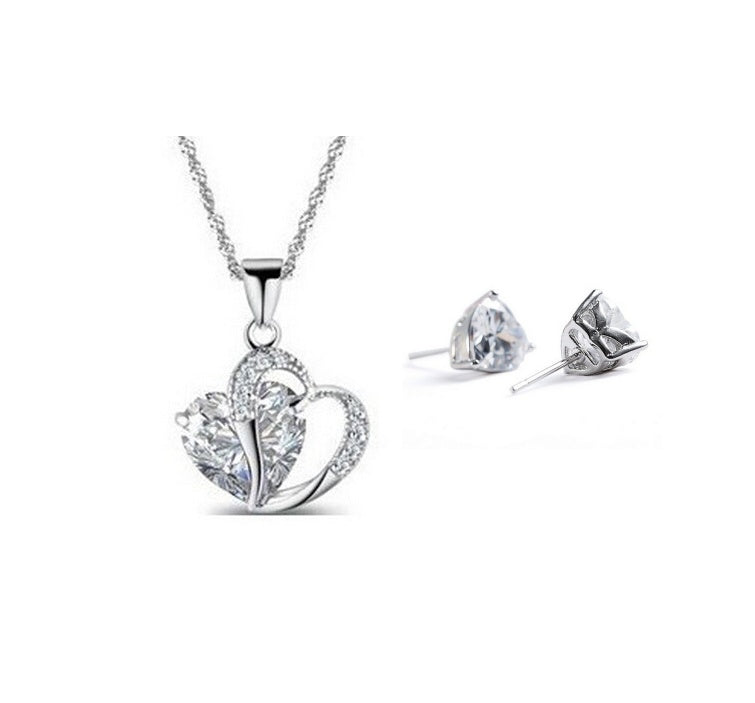 Ziling Heart Necklace and Earrings Set featuring 6mm stud earrings and a 25mm x 20mm pendant, made of copper and zircon, with a 45+5cm chain, available in red, purple, and white.