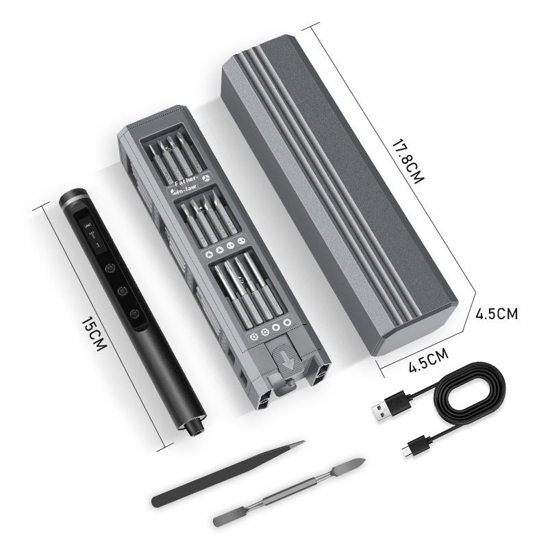 Multifunctional AMT Electric Screwdriver Set made of aluminum alloy, ABS, and PP, with a compact size of 17.8 x 4.5 x 4.5CM, ideal for precision tasks.