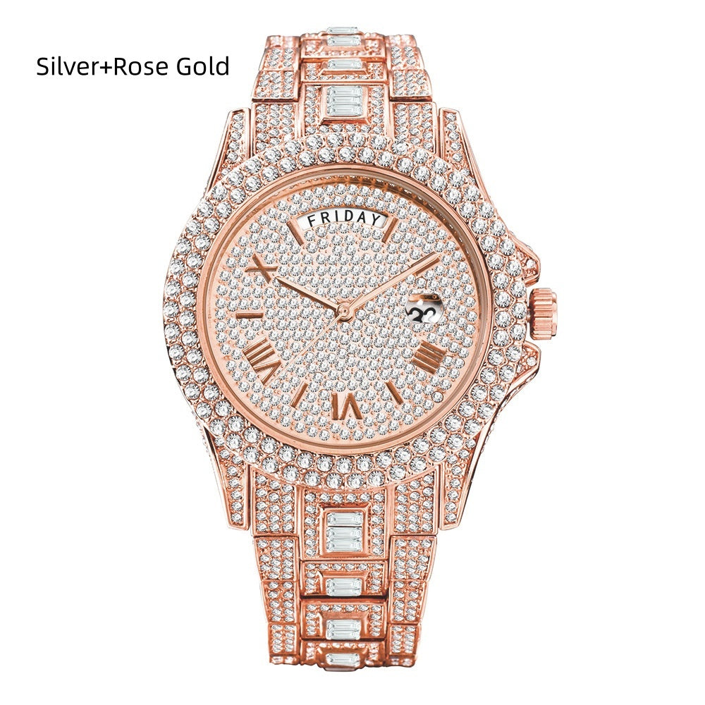 Elevate your style with the Men's Full Diamond Luxury Quartz Watch, a masterpiece that blends luxury and functionality in a timeless design. Crafted for the modern man, this watch not only offers precise timekeeping but also features a calendar edition, making it as practical as it is stylish.