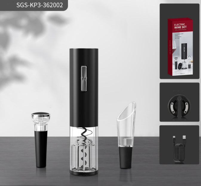 Five-in-One Electric Bottle Opener Set featuring a decanter, paper cutter, pull-out vacuum plug, USB cable, and storage box, all made with durable ABS plastic. A sleek, modern design ideal for various gift-giving occasions.