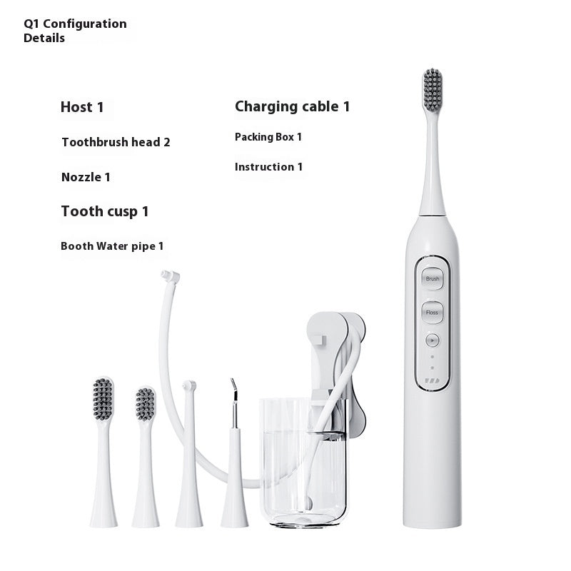 Three-in-one waterproof smart electric toothbrush and oral irrigator in multiple colors (Q1 White, Q1 Black, Q2 White, Q2 Pink), featuring a rechargeable power type, magnetic suspension motor, and over 5 gear settings for customizable cleaning.