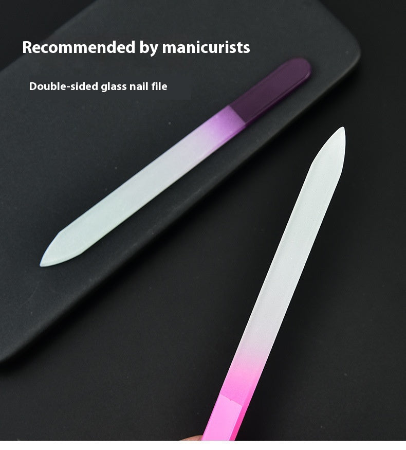Nail file polishing manicure set made of plastic and nano glass, available in six colors (Pink, Blue, Cyan, Yellow, Purple, Green). Compact size (14 * 1.2 cm) with a thickness of 0.3mm, packaged in a convenient storage box for easy use and organization.