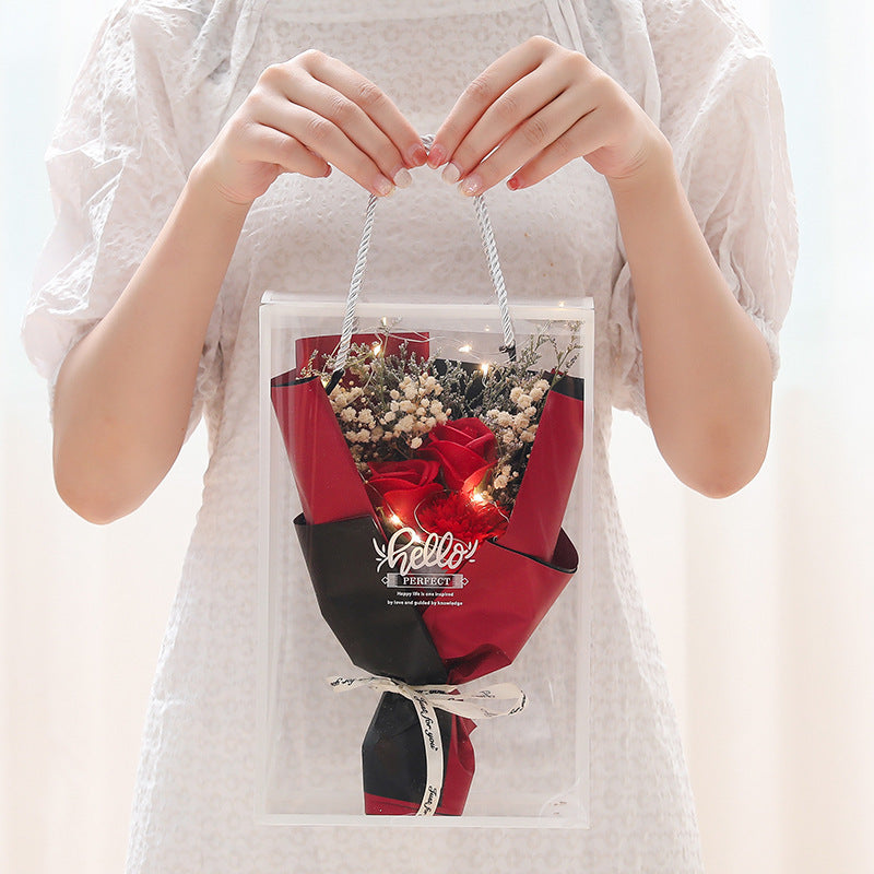 **Soap Rose Gift Box – A beautifully crafted gift featuring soap and dried flowers, soft LED lighting, and a greeting card in an elegant box. Perfect for any special occasion!**