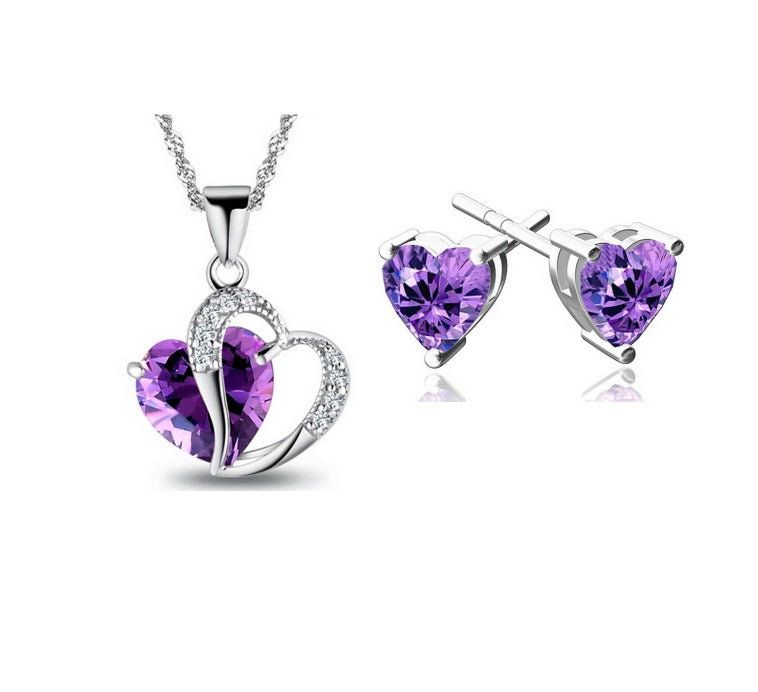 Ziling Heart Necklace and Earrings Set featuring 6mm stud earrings and a 25mm x 20mm pendant, made of copper and zircon, with a 45+5cm chain, available in red, purple, and white.