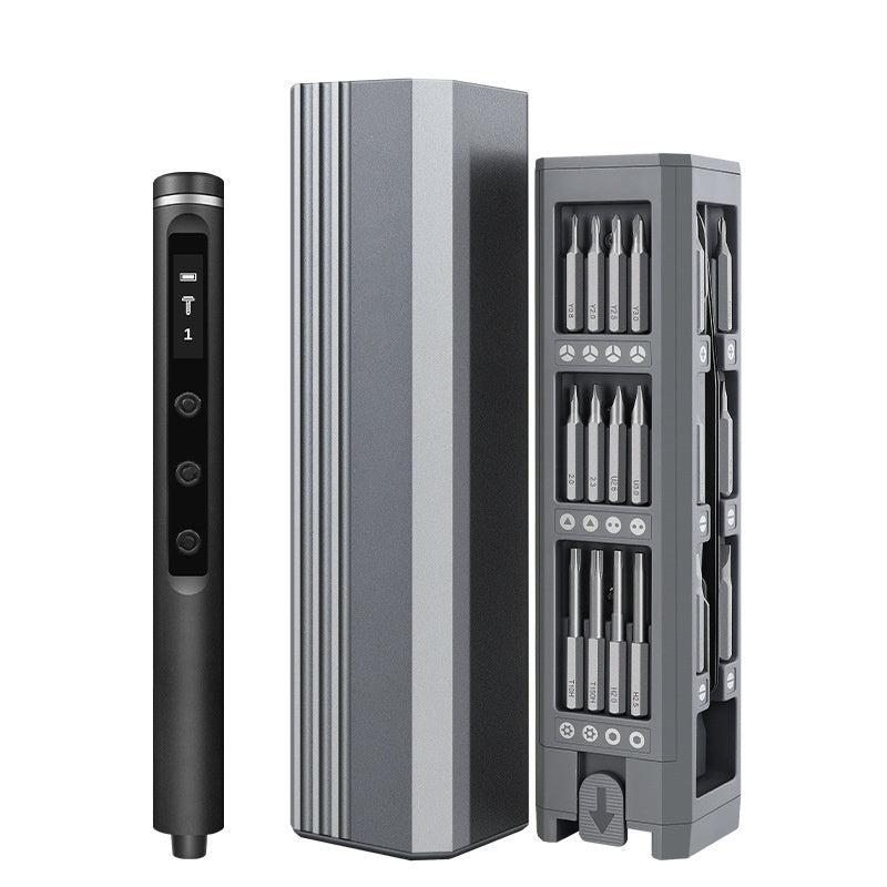 Multifunctional AMT Electric Screwdriver Set made of aluminum alloy, ABS, and PP, with a compact size of 17.8 x 4.5 x 4.5CM, ideal for precision tasks.