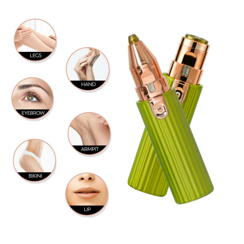 A 2-in-1 electric eyebrow trimmer and epilator for women, featuring interchangeable heads for painless hair removal on the face, legs, bikini line, and other body areas.