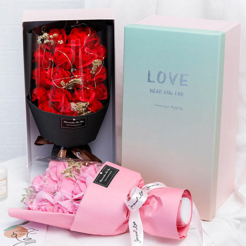 Soap flower bouquet with 9 flowers and 1 bear gift bag, available in red, pink, or blue, perfect for Teacher's Day or special occasions