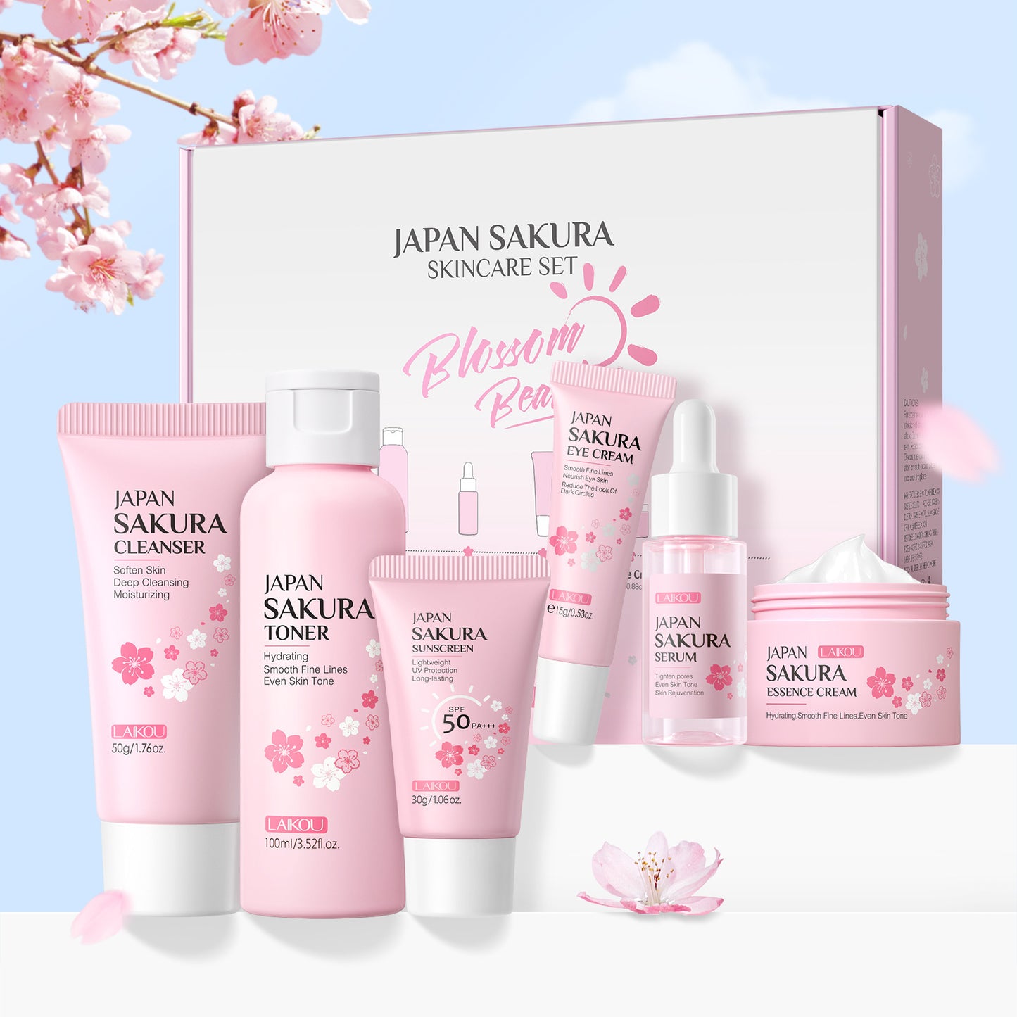Indulge in the delicate touch of cherry blossoms with this luxurious 6-piece skincare setโspecially designed to cleanse, nourish, and rejuvenate your skin. Infused with the essence of cherry blossoms, this set delivers deep hydration, promotes a radiant glow, and leaves your skin feeling refreshed and silky smooth.