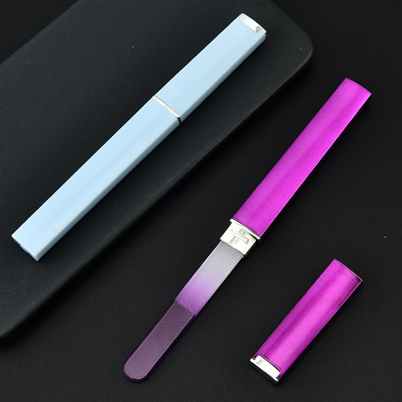Nail file polishing manicure set made of plastic and nano glass, available in six colors (Pink, Blue, Cyan, Yellow, Purple, Green). Compact size (14 * 1.2 cm) with a thickness of 0.3mm, packaged in a convenient storage box for easy use and organization.