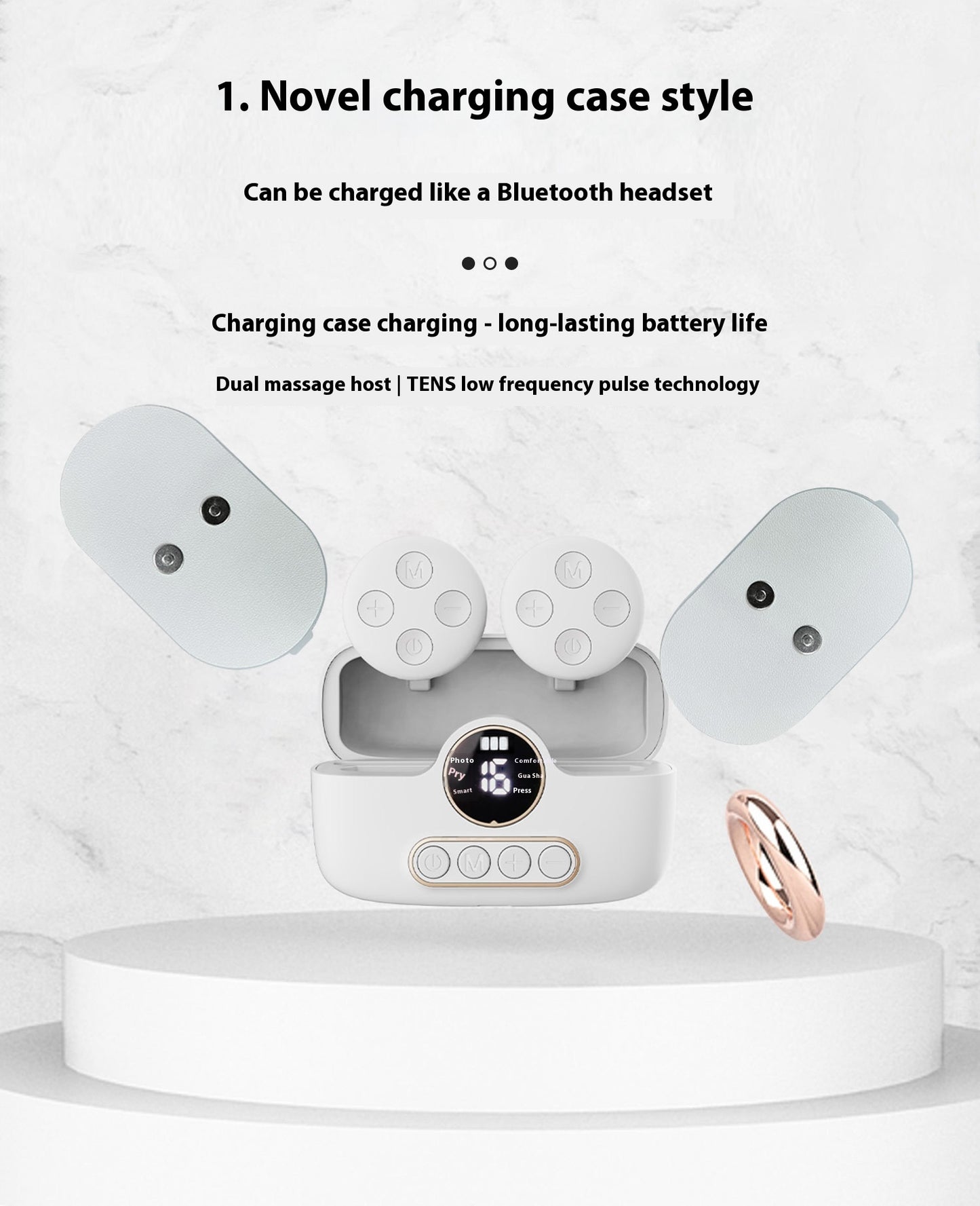 Portable silver USB-powered pocket massage instrument designed for soothing massages, with a compact size for easy travel and a scrub-cleaning method.