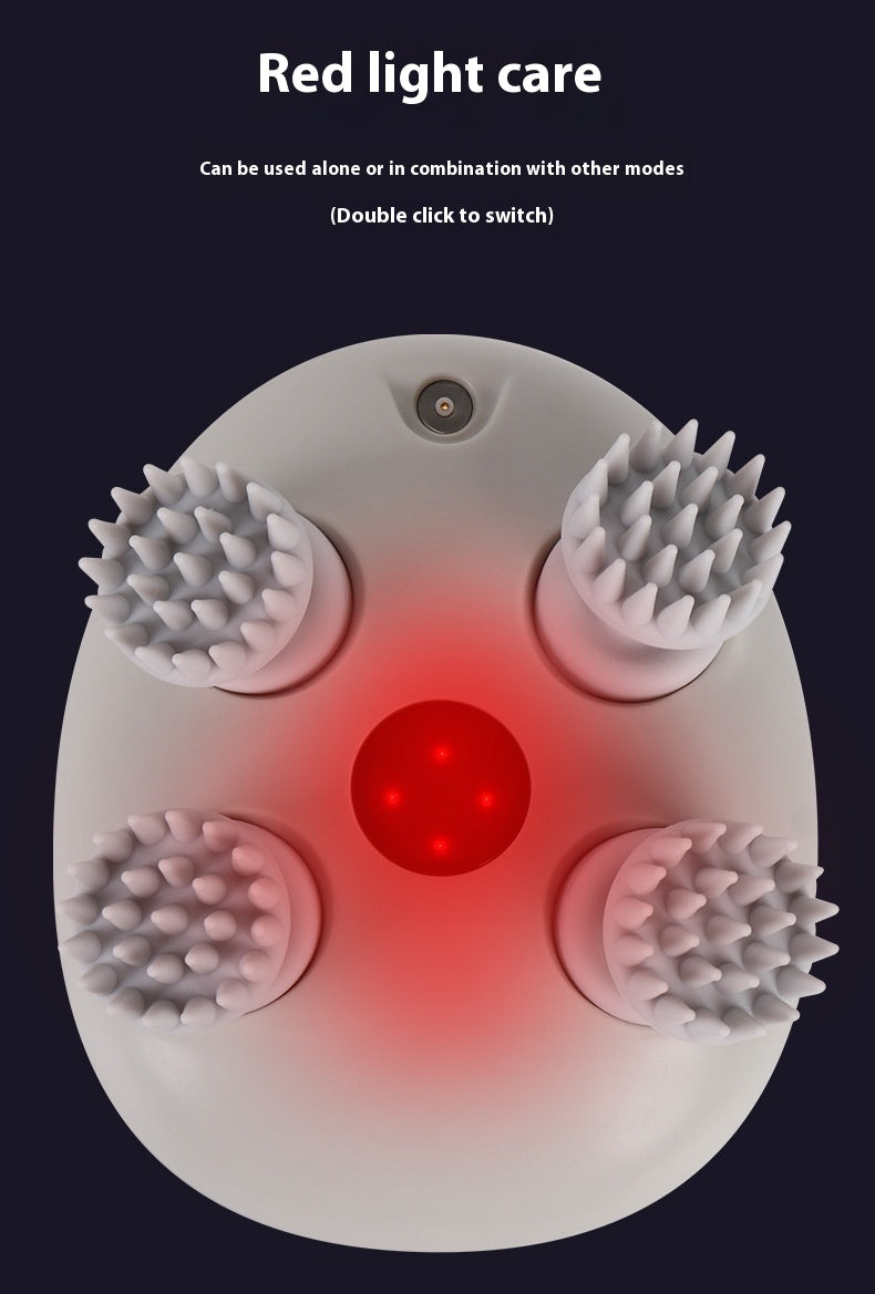 Octopus scalp massage instrument with 4 adjustable gears, USB-powered, available in three models: K113 (no base, no hot compress), K111 (with base and red hot compress), K112 (with base, microcurrent, and red hot compress). Comes with multilingual manuals in Chinese, English, and Japanese.