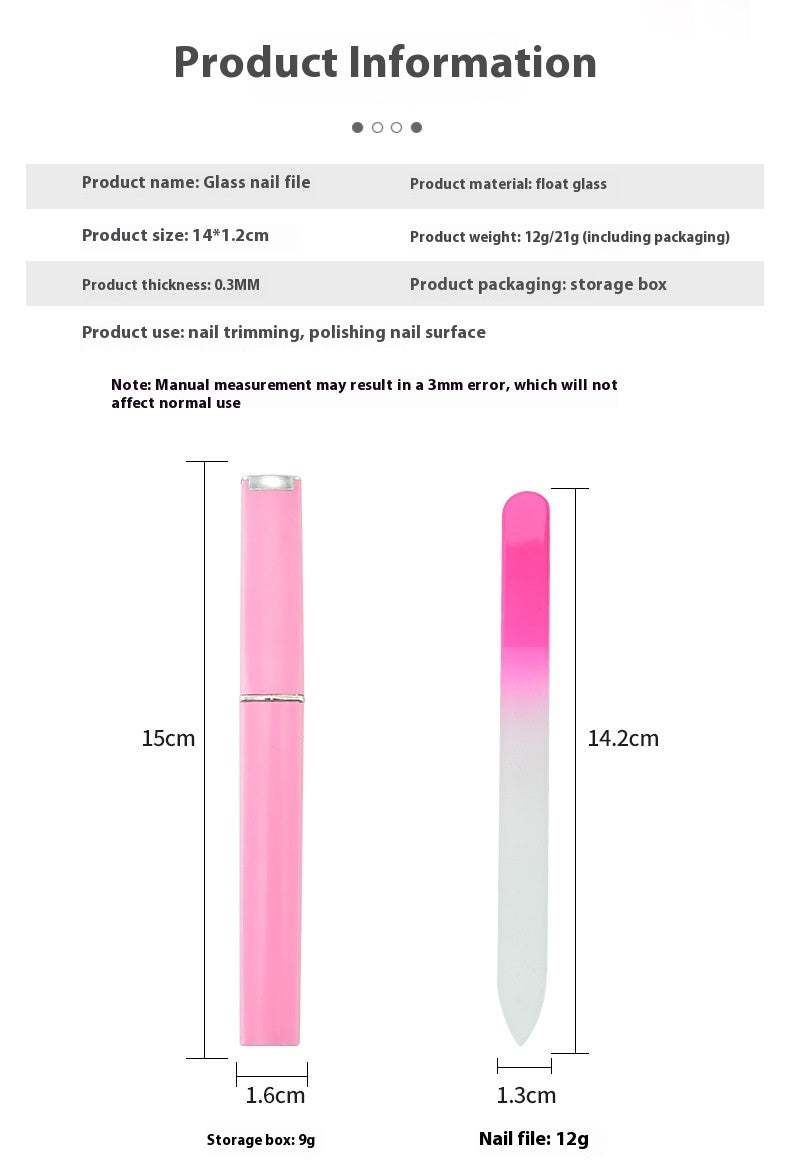 Nail file polishing manicure set made of plastic and nano glass, available in six colors (Pink, Blue, Cyan, Yellow, Purple, Green). Compact size (14 * 1.2 cm) with a thickness of 0.3mm, packaged in a convenient storage box for easy use and organization.