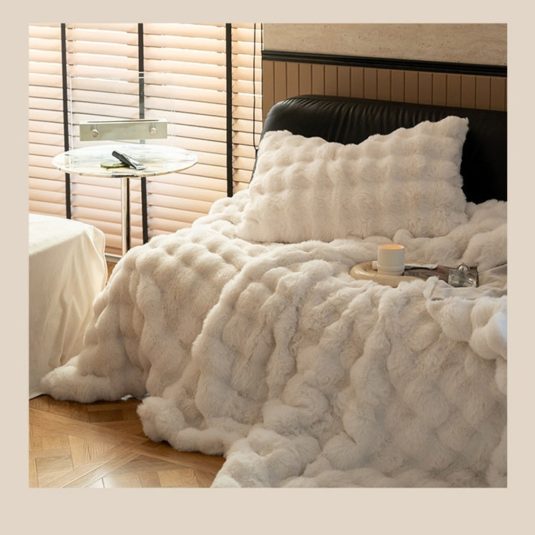 Soft and cozy Rabbit Plush Blanket in a solid color design, made from high-quality polyester fiber. Available in multiple sizes and colors, perfect for winter warmth and Nordic-style home décor.