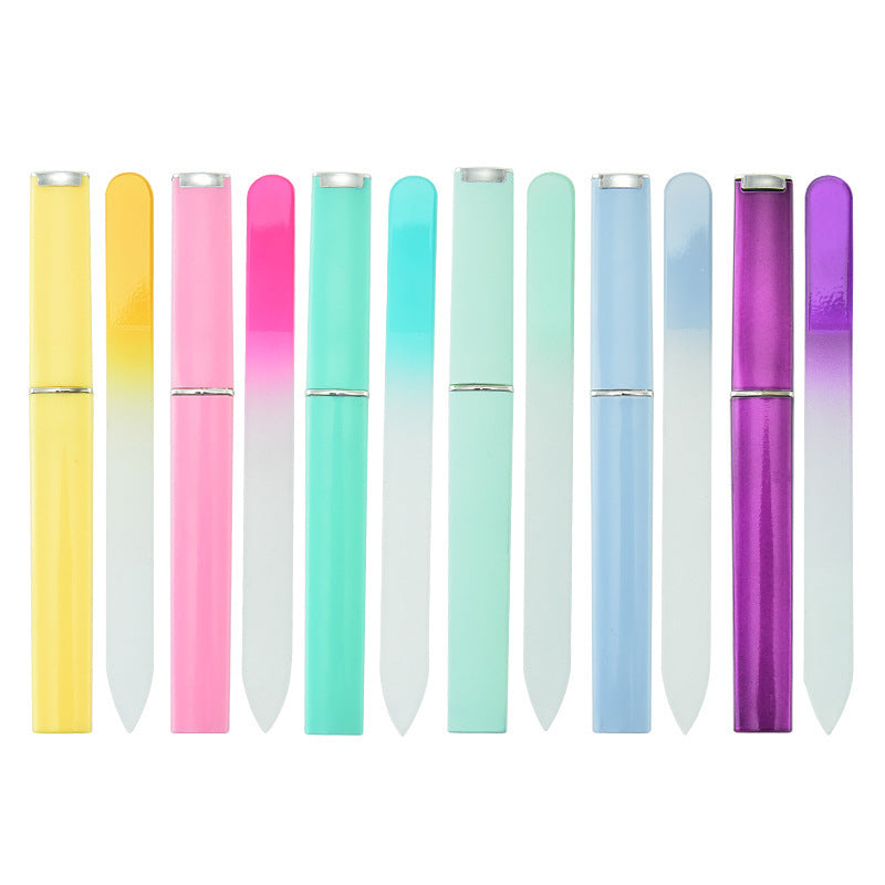 Nail file polishing manicure set made of plastic and nano glass, available in six colors (Pink, Blue, Cyan, Yellow, Purple, Green). Compact size (14 * 1.2 cm) with a thickness of 0.3mm, packaged in a convenient storage box for easy use and organization.