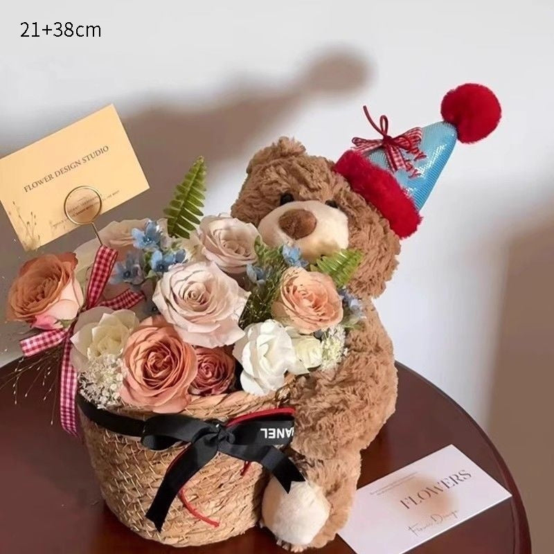 Stuffed Bear with Bouquet – Adorable teddy bear with preserved fresh flowers, LED lights, and a greeting card. Perfect gift for any occasion like birthdays or anniversaries.