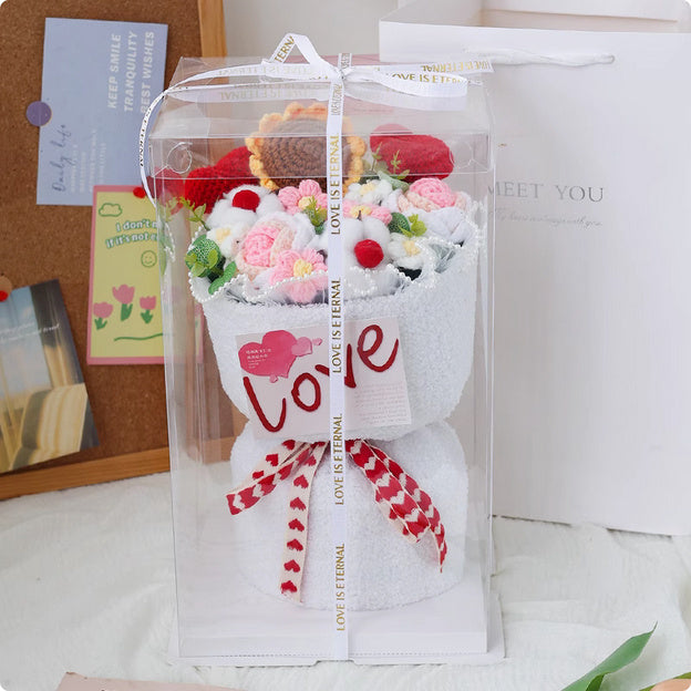 Creative knitted flower bouquet in various colors, perfect for gifting on special occasions like Valentine's Day, Mother's Day, and Teacher's Day, with lasting appeal.